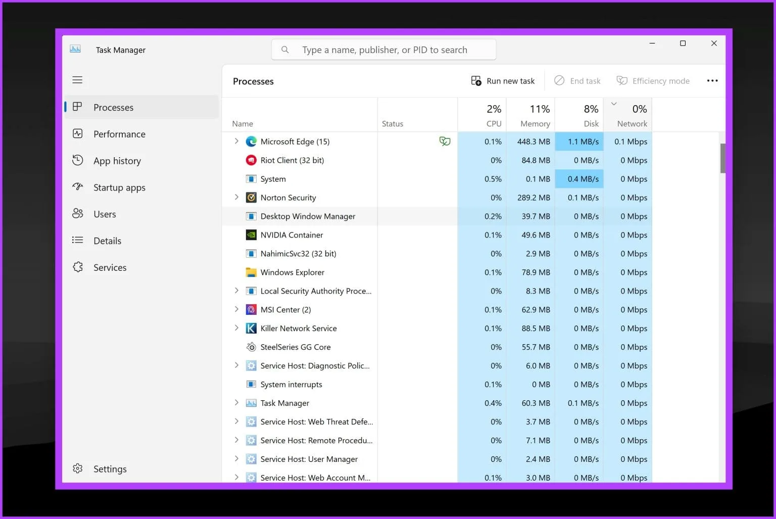 نمایش پردازش Riot Client در Task Manager ویندوز